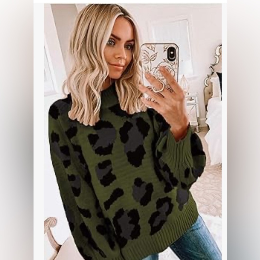 Olive Green & Black Leopard Print Oversized Knit Sweater XL Crew Neck Pullover